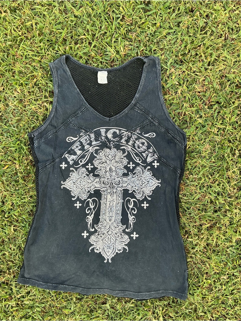 Affliction Black Sleeveless Tank with Ornate White Cross